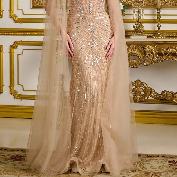 New Champagne Pageant Sheath Gown w/ Cape Sleeves & Dazzling Beadwork GL3665 - Picture 9 of 14